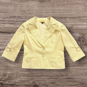 St John Sport Knit Blazer Yellow Stripe Cropped Jacket Size 14 Stretch